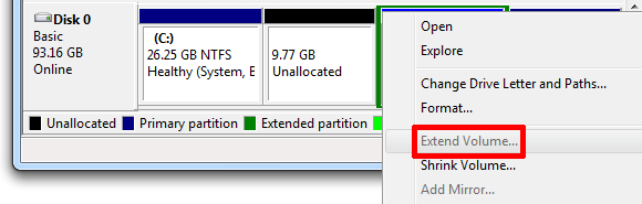 add unallocated space to partition in Windows