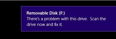 There is a problem with this drive. Scan the drive now and fix it