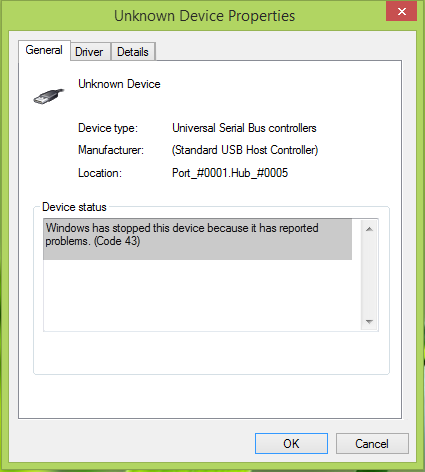 Windows has stopped this device because it has reported problems. (Code 43)