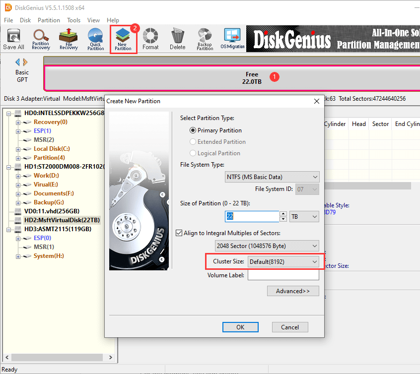 create 22TB partition DiskGenius