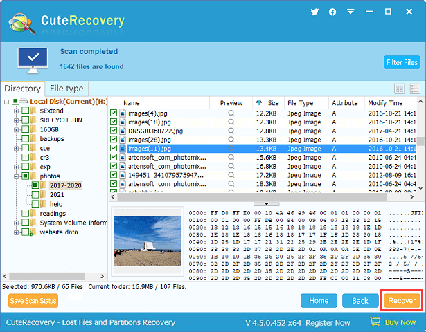 recover lost files using CuteRecovery