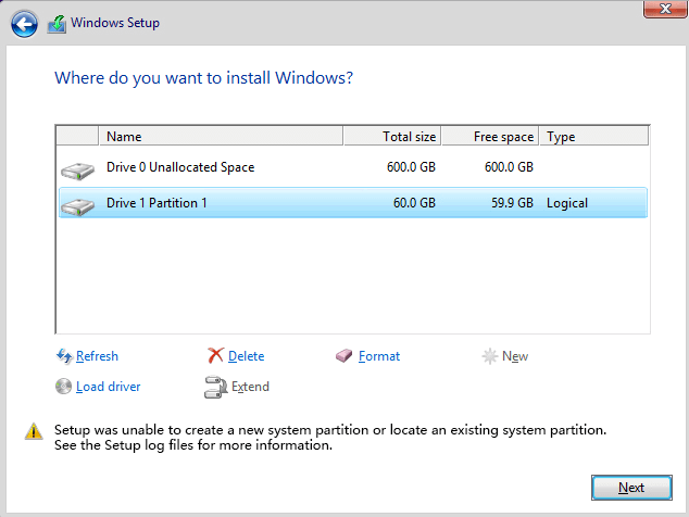 Setup was unable to create a new system partition or locate an existing partition
