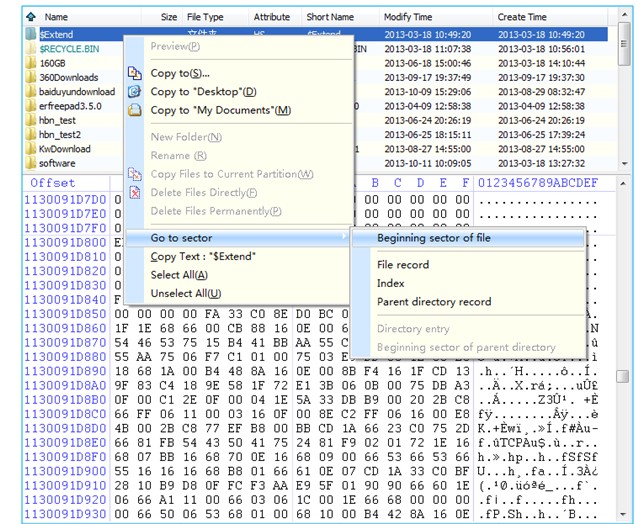 context menu of directory browser
