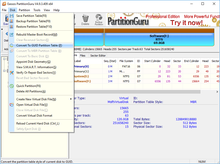 The selected disk has an MBR partition table