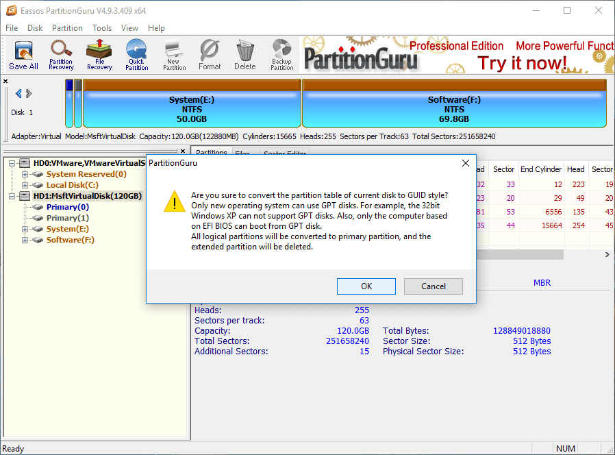 The selected disk has an MBR partition table