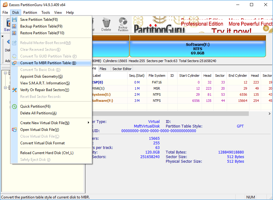 The Selected Disk is of the GPT Partition Style